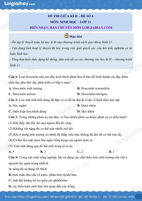 Đề kiểm tra giữa kì 2 Sinh 11 - Đề số 4 có lời giải chi tiết